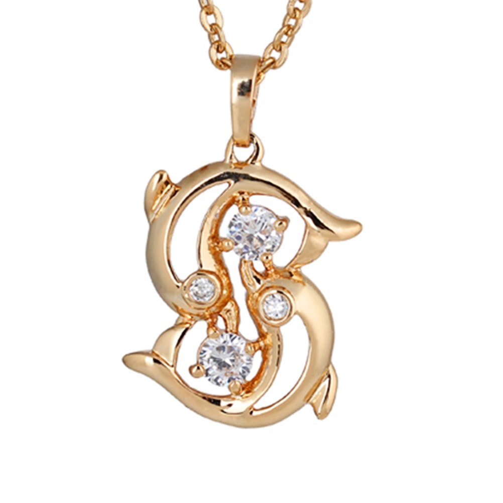 Women Necklace Micro-inclosed Double Dolphins Shape Zincons Pierced Delicate Hollow out Necklace (Golden)