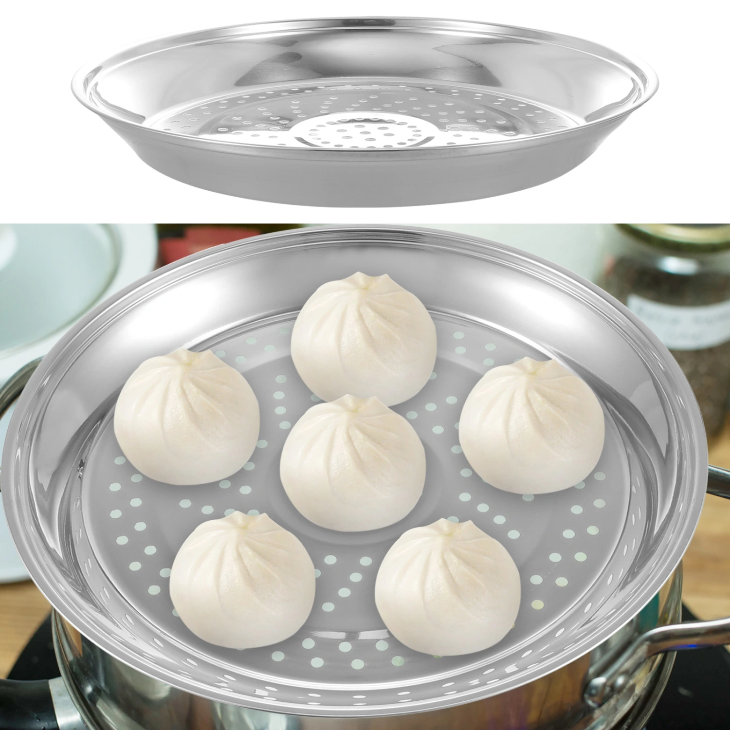 1Pc Stainless Steel Food Steamer Multi-function Steaming Plate Cookware (Silver)