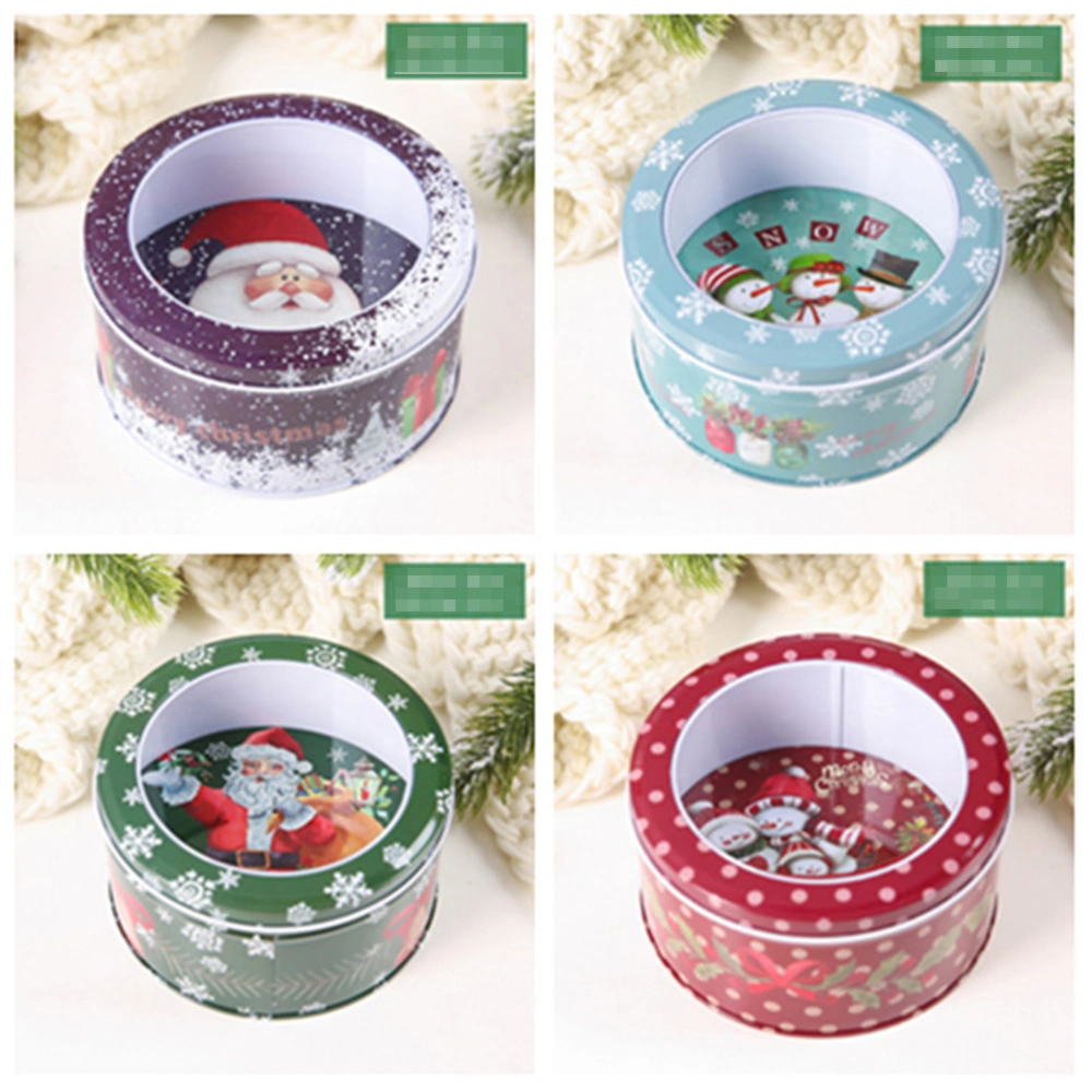 2PCS Christmas Round Iron Box Creative Candy Jar Transparent Lid Portable Hanging Case Ornament Party Supplies (Green Santa Claus)