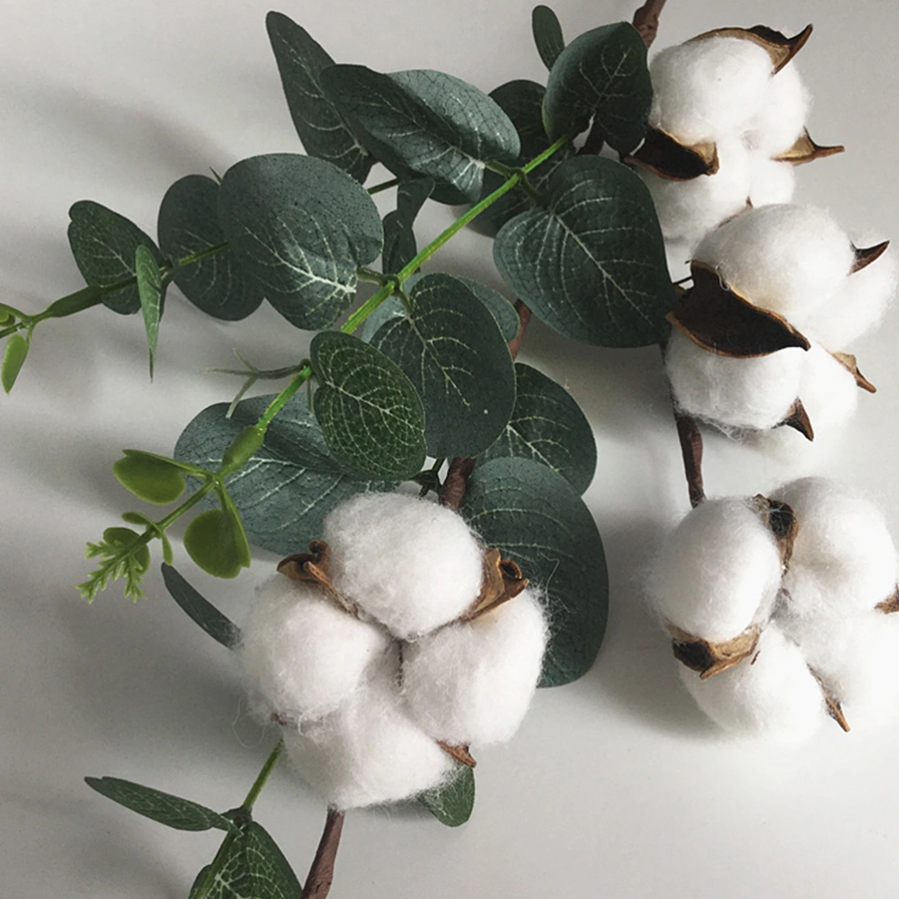 1Pc 5 Balls Dried Cotton Flower with Artificial Eucalyptus Leaf Decorative Floral Branch for Home Wedding Party (White Green)