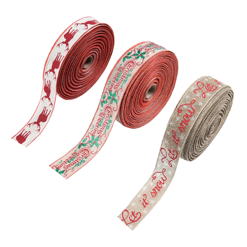 3 Rolls Christmas Burlap Ribbon Lovely Cartoon Printing Trim Ribbon Ornament Wrapping Tie for Christmas Party Decorations (3 Patterns)