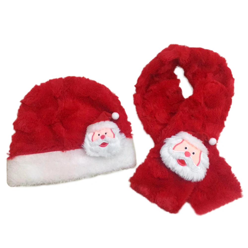 Kid's Christmas Hat and Scarf Santa Claus Warm Plush Hat Scarf Festival Costume(Red)