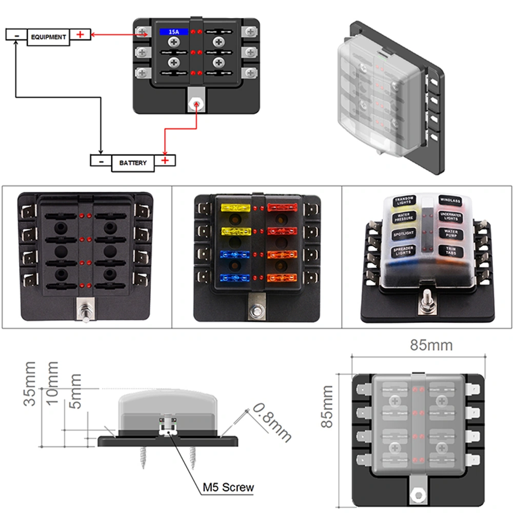 12-30V 1 in 8 Out Car RV Fuse Box Base Insurance Insert PC Terminal Block Black