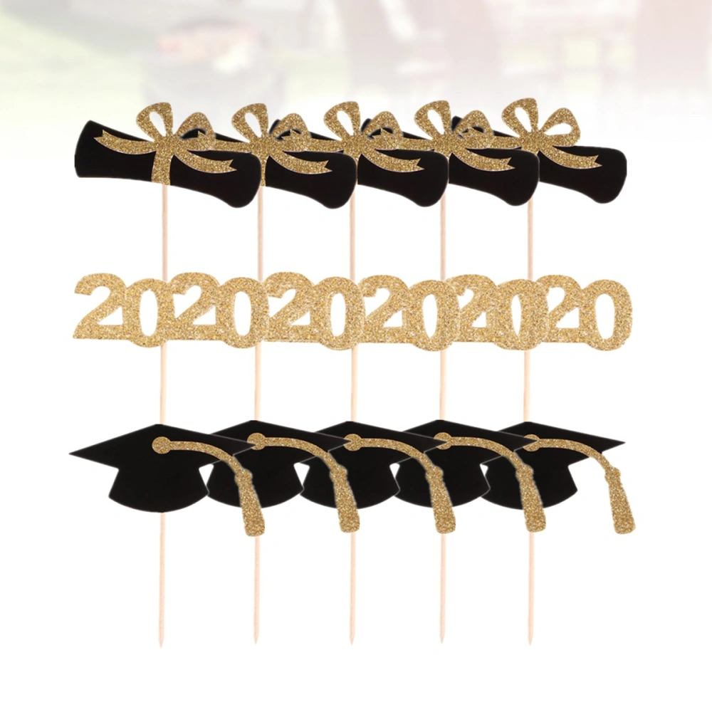 30pcs Graduation Party 2020 Number Cupcake Toppers Glitter Fruit Insert Paper Bachelor Design Cake Decorating Fruit Picks Graduation Party Favors (Black + Golden)