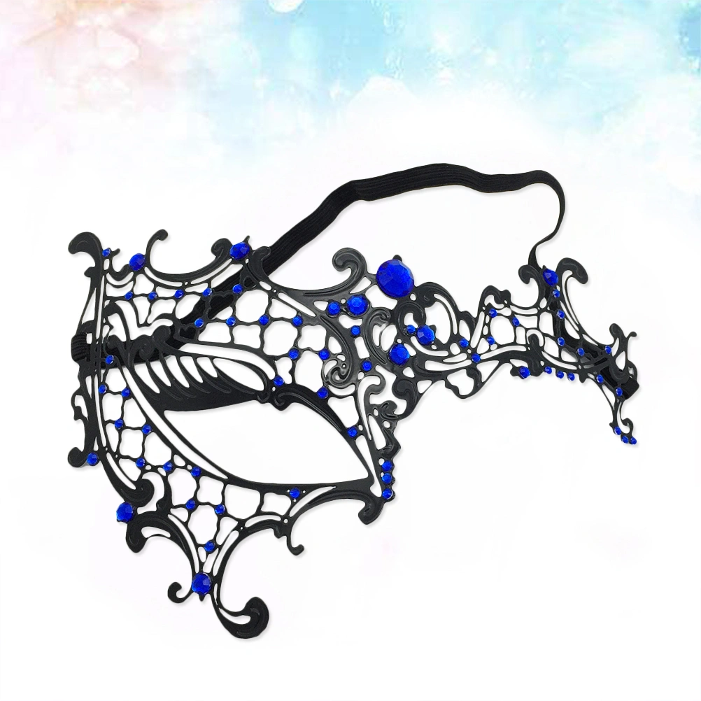 Venetian Mask Rhinestone Metal Half Face Mask Cosplay Costume Accessory for Halloween Carnival Masquerade (Black - Blue Diamond)
