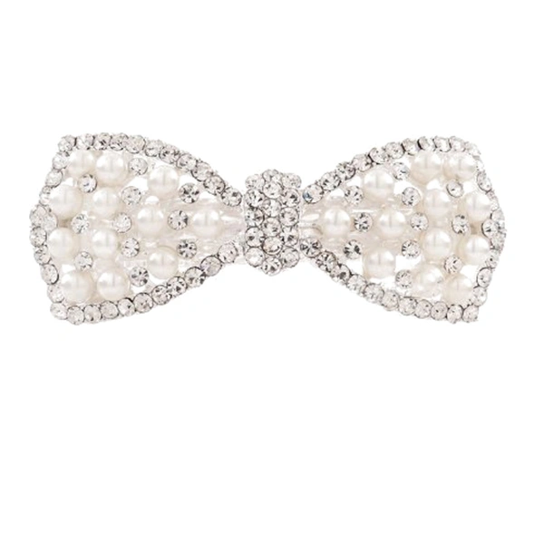Women's Pearl Rhinestone Decorated Bowknot Hair Barrette Hair Clip Hair Pin Ponytail Holder (White)