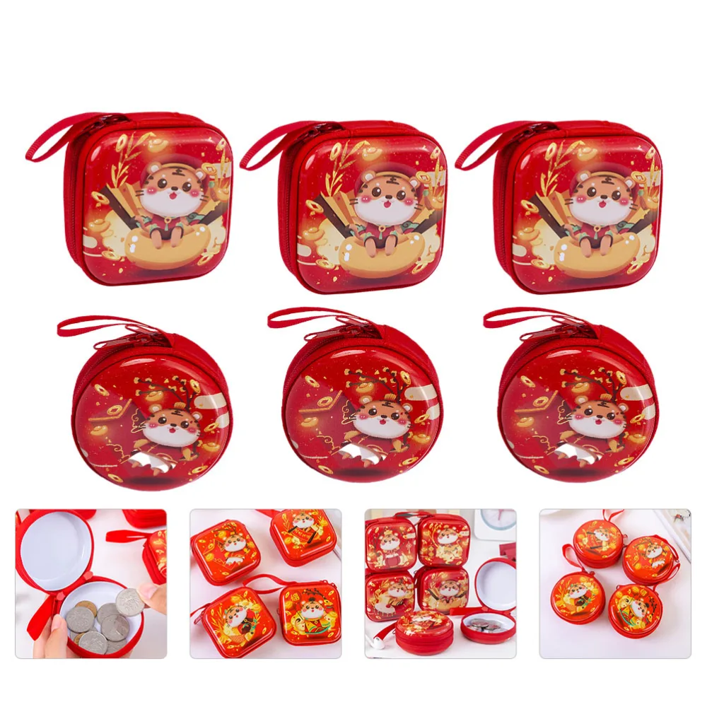 6PCS Festive Tiger Year Tinplate Coin Purse Delicate Tinplate Earphone Storage Bag