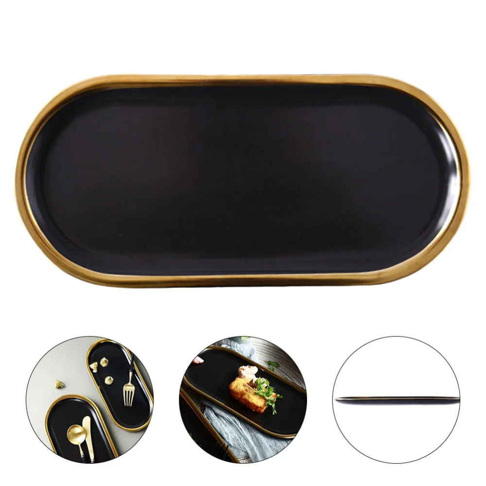1pc Nordic Styled Porcelain Tray Black Gold Rim Plate Dessert Serving Dish