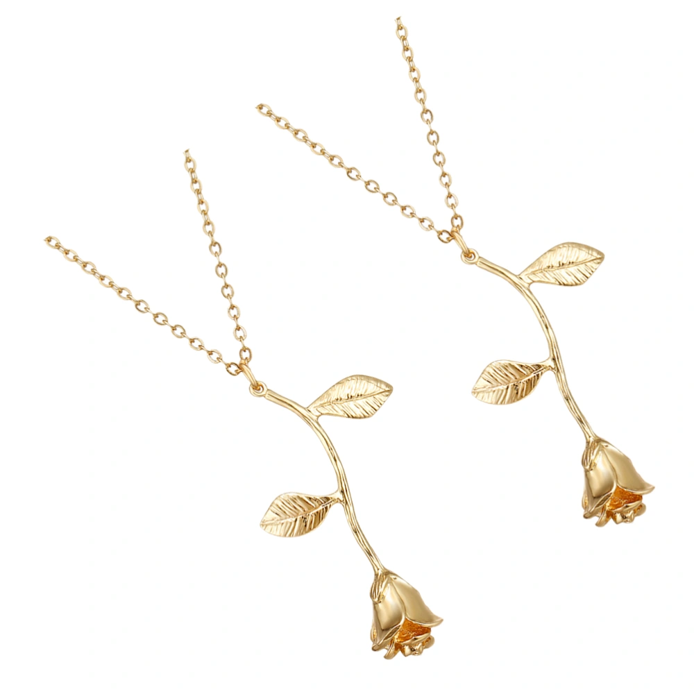 2pcs Luxury Rose Necklace Pendant Romatic Chain Necklace Valentine's Day Jewelry Gift for Women Female (Golden)