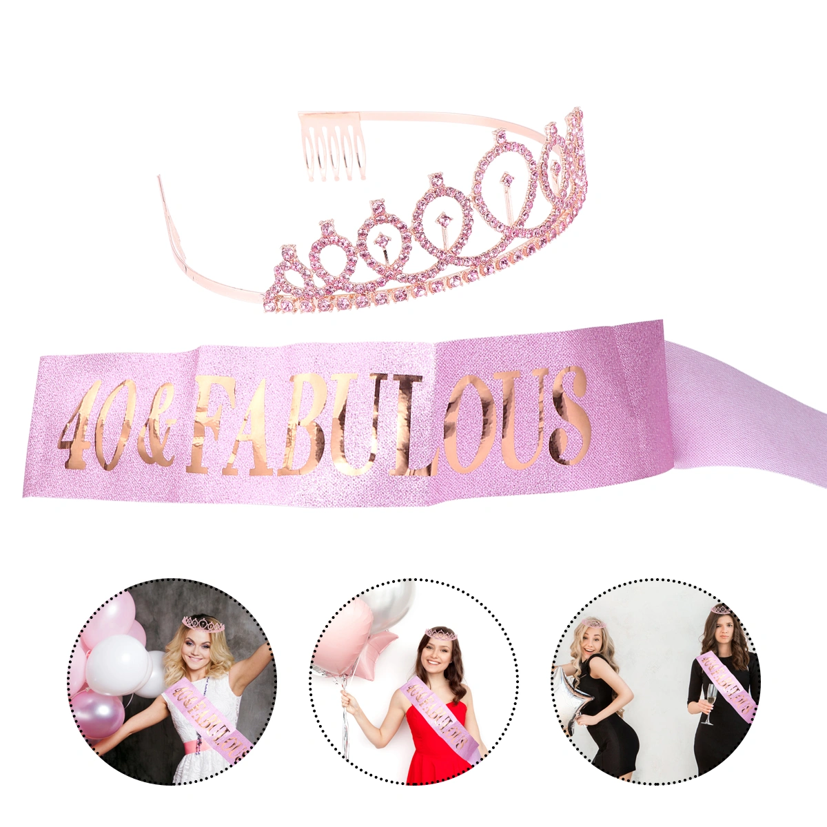 2 Pcs Birthday Decoration Birthday Crown Birthday Tiara and Sash Party Supplies Girl Sash for Women Girls Birthday Gifts(40th Birthday Crown)