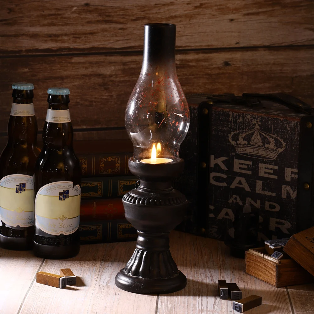 Uonlytech  Retro Resin Glass Cover Kerosene Lamp Household Candlestick Candle Holder Home Decoration Supplies (Size L)