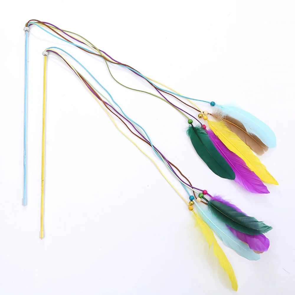 2Pcs Cat Teaser Toys Colorful Feather Teasing Sticks Interactive Toys Gift