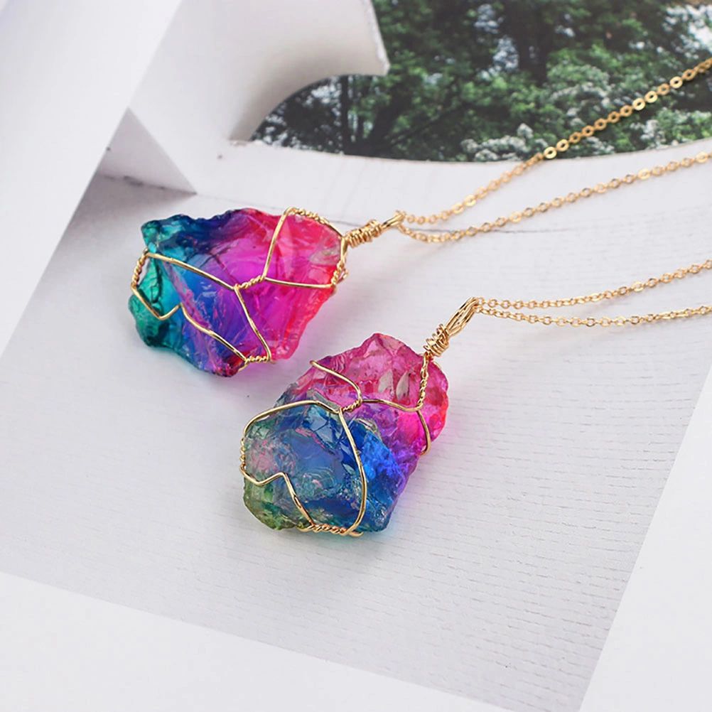 Rainbow Natural Stone Pendant Necklace Fashion Crystal Necklace Gold Color Chain Quartz Long Necklace for Women Gift