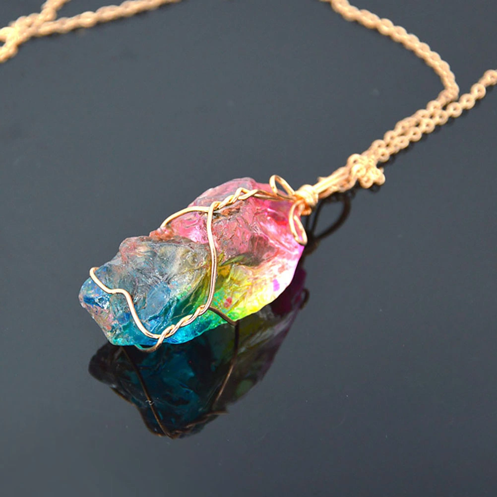 Rainbow Natural Stone Pendant Necklace Fashion Crystal Necklace Gold Color Chain Quartz Long Necklace for Women Gift