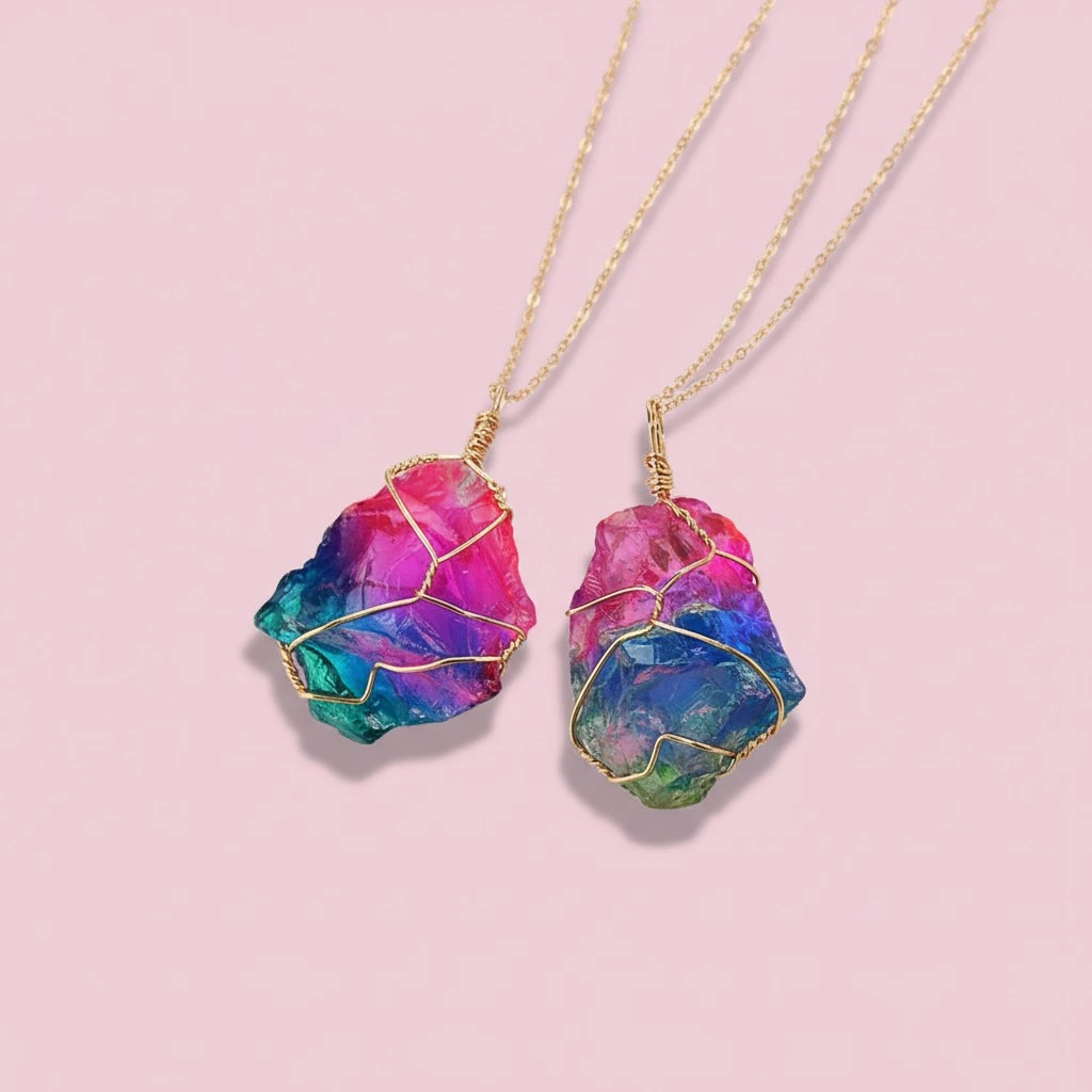 Rainbow Natural Stone Pendant Necklace Fashion Crystal Necklace Gold Color Chain Quartz Long Necklace for Women Gift
