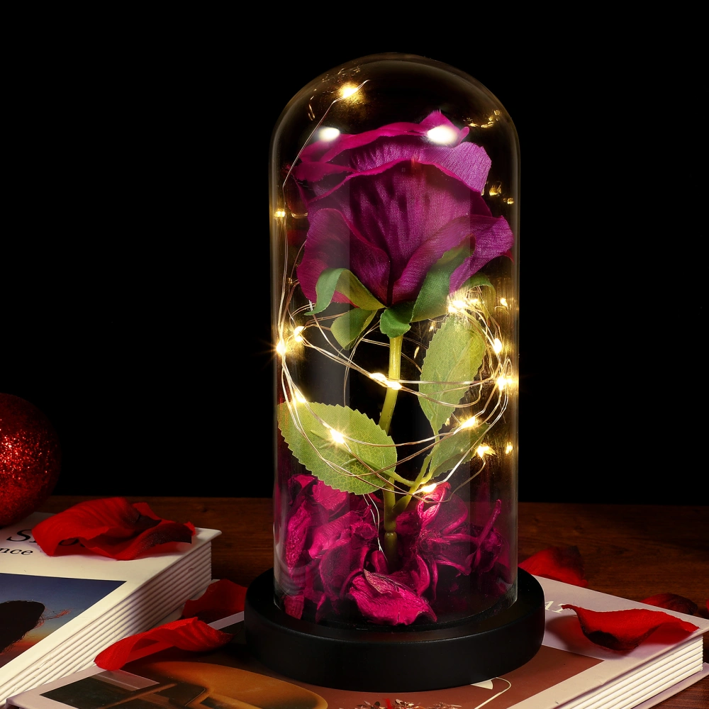 OSALADI Artificial Rose in Glass Dome Simulation Rose Adornment Artificial Flower LED Light Desktop Ornament