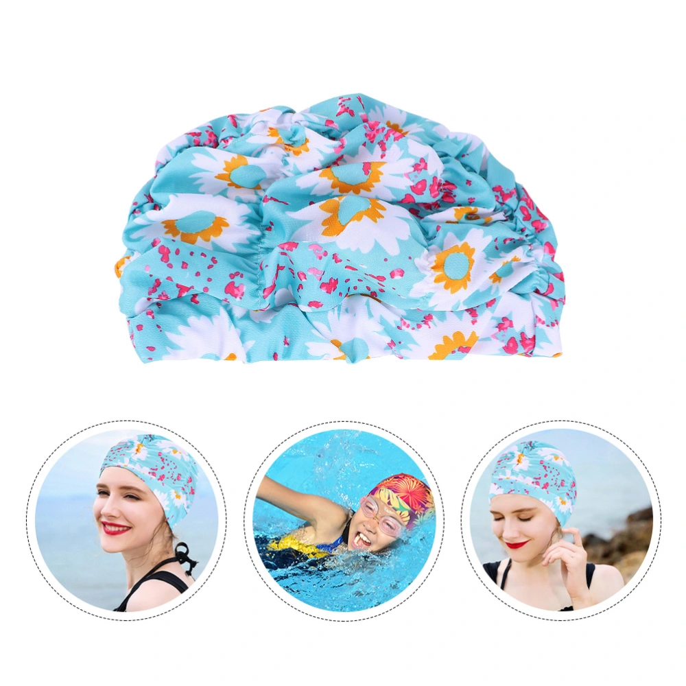 2pcs Pleated Swimming Sports Elastic Swimming Hat Ear Cover Swimming Head Accessory for Women Girls Lady(Pleated Orange Leaves, Pleated Blue Sun Flower)