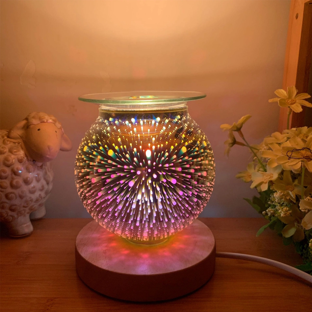 1pc 3D Glass Aroma Lamp Wax Burner Candle Melter Night Light Home Bedroom Living Room Decor with US Plug