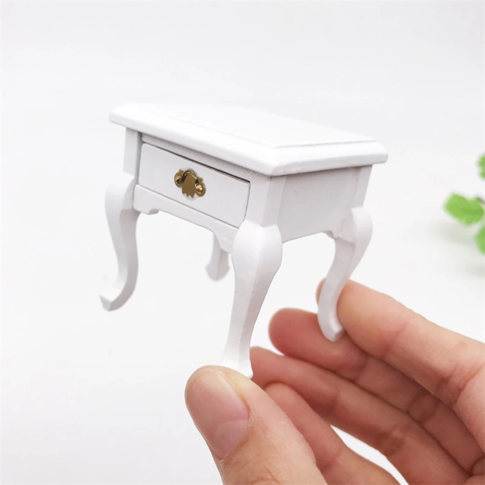 Mini Play House Bedside Table Tea Table Toy Wooden Bedroom Scene Toy Model Decorative Furniture Model House Miniature Furniture Accessories for Boys and Girls (1:12 Pattern Bedside Table White)