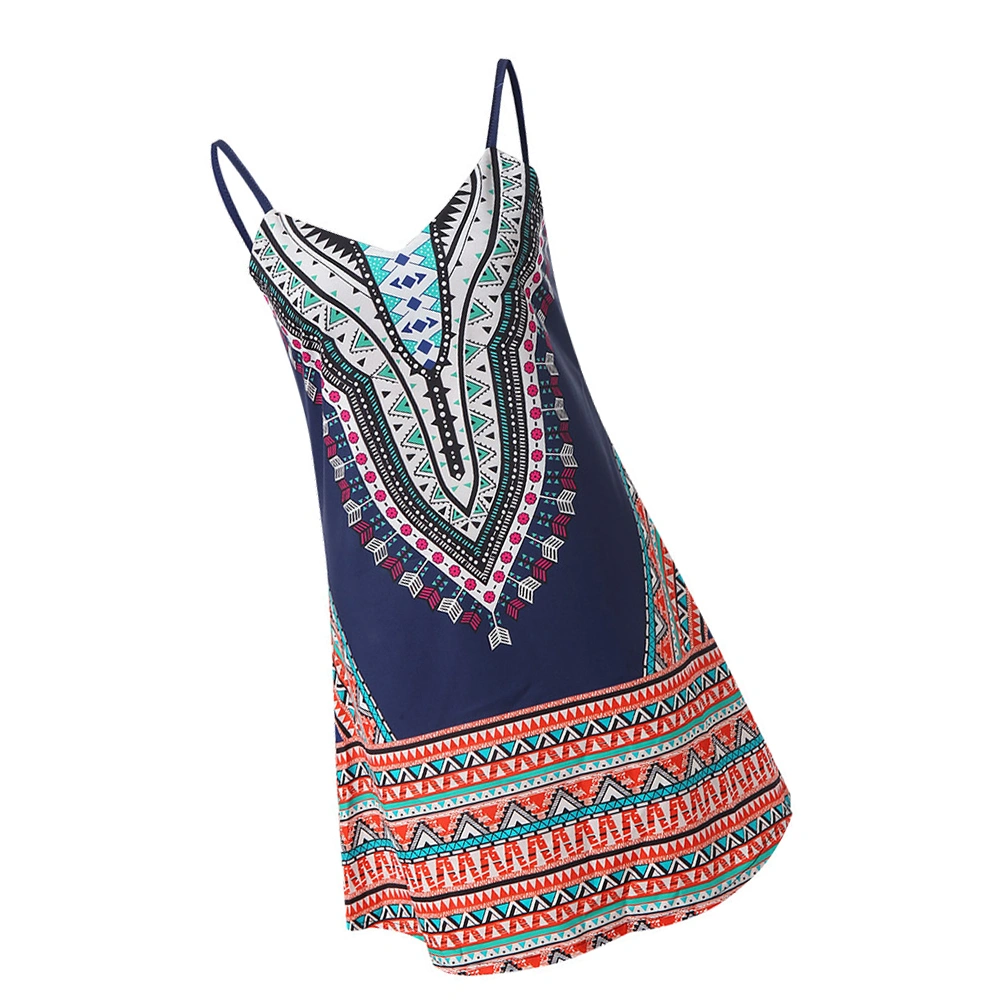 Ethnic Style Printed Dress Short Skirt Beach Skirt Casual Dress for Women Ladies Girls (Blue Size S)