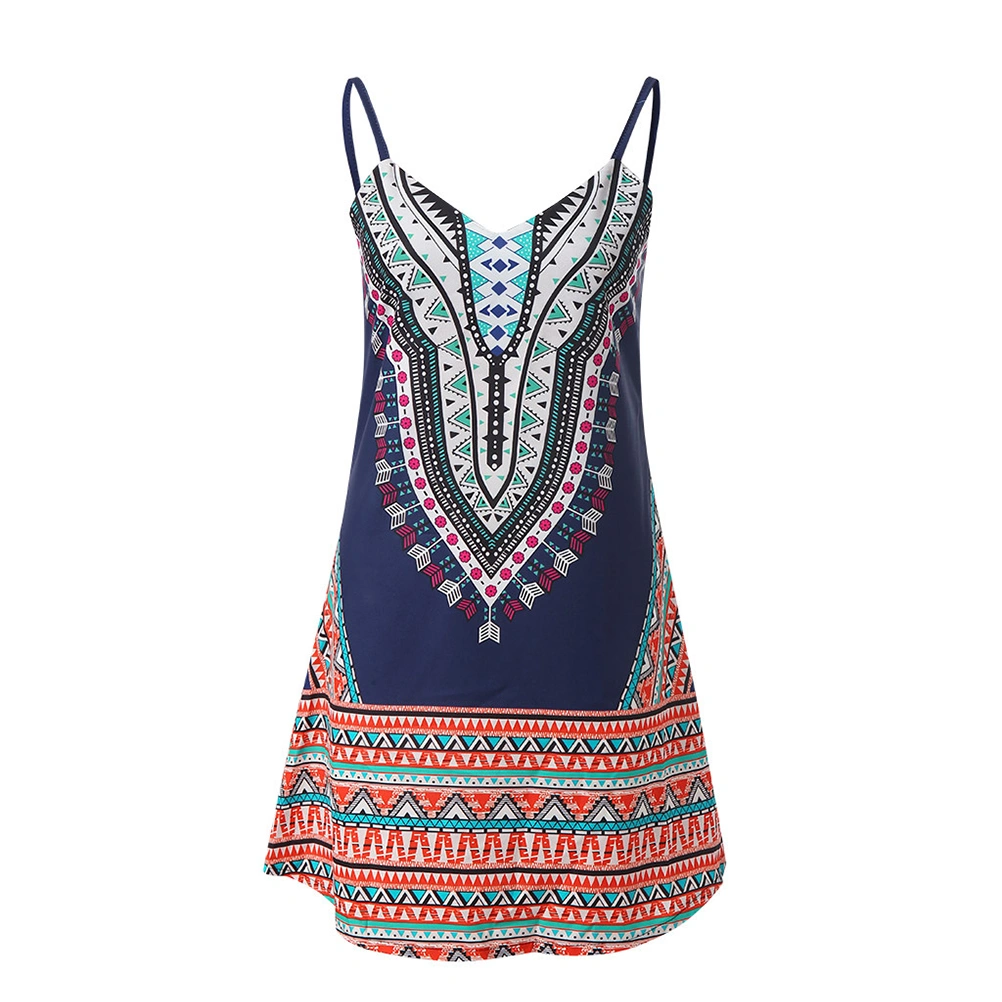 Ethnic Style Printed Dress Short Skirt Beach Skirt Casual Dress for Women Ladies Girls (Blue Size S)