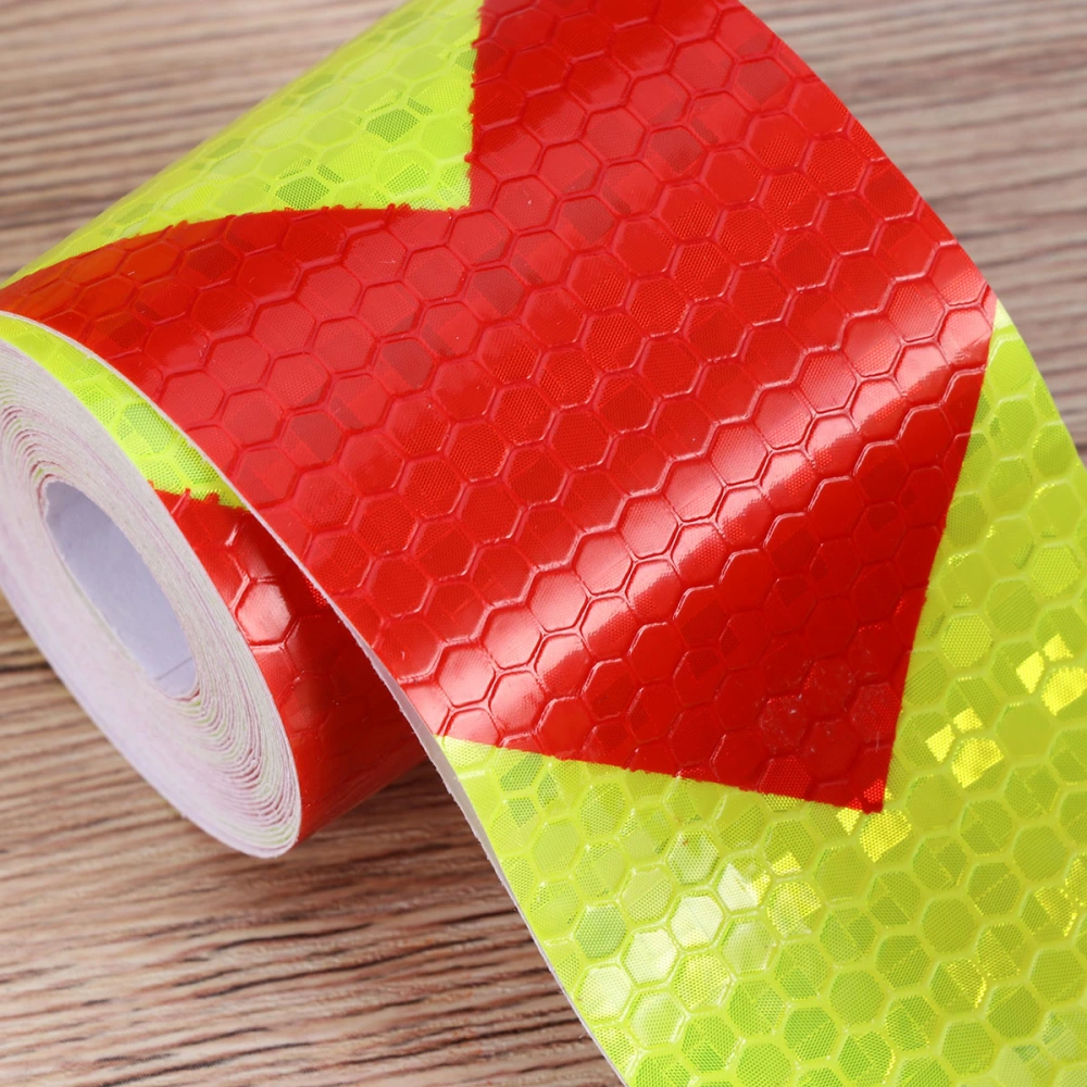 2PC Warning Strip Lattice Reflective Film Body Sticker Warning Tape Fluorescent Safety Night Conspicuity Arrow Sticker (Fluorescent Yellow Red Arrow)