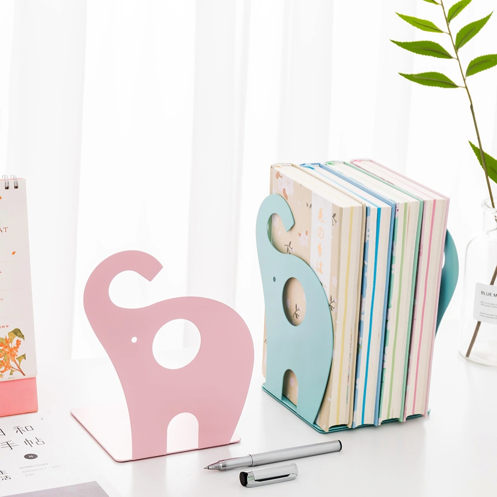 1 Pair of Metal Books Stand Cartoon Elephant Shape Bookends Study Room Office Supplies (Pink)