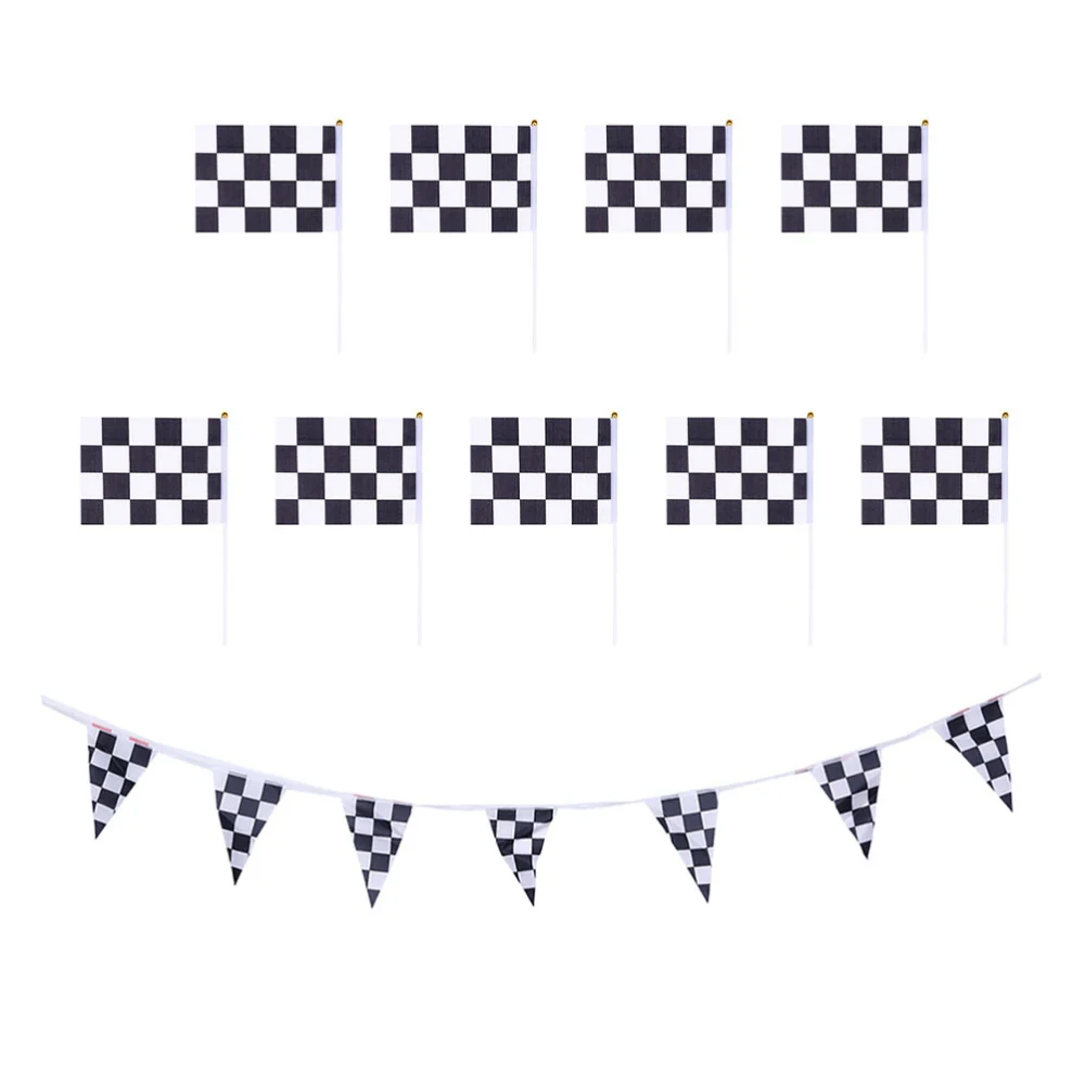 1 Set of 9 Pcs Black White Racing Theme Waving Flag and 1 Pc Triangle Hanging Banner for Party Outdoor Car Racing Event (Green)