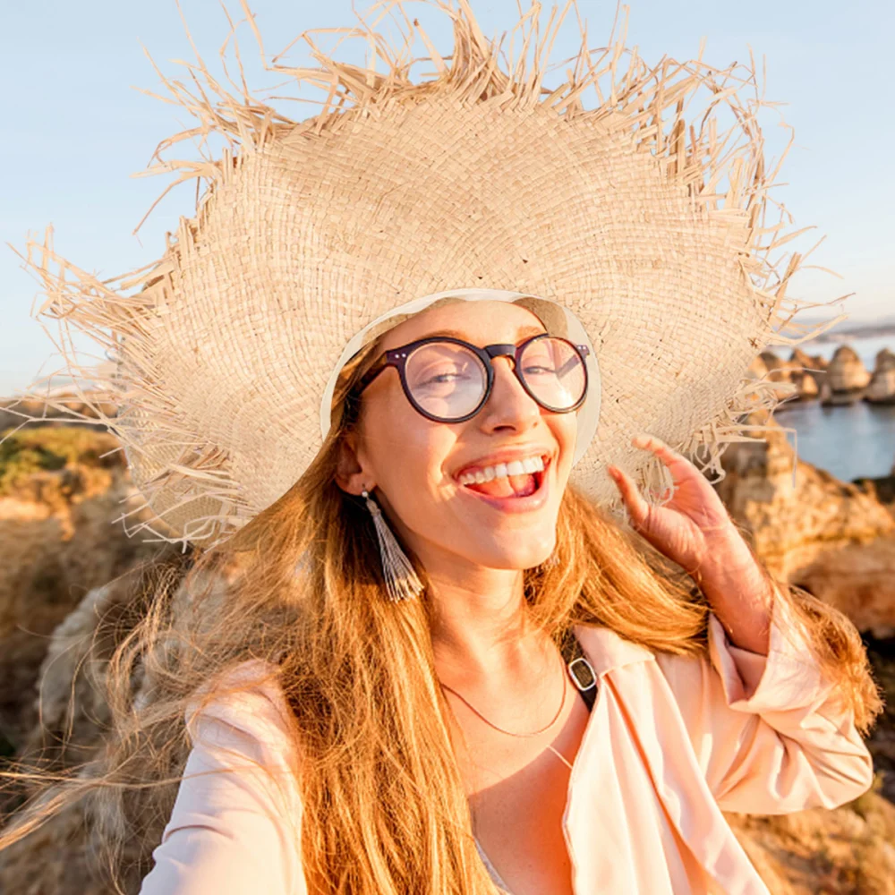 1Pc Straw Hat Raffia Straw Beach Sun Outdoor Summer Sun Hat Flat Sun Protection Large Wide Brim Beach Hat