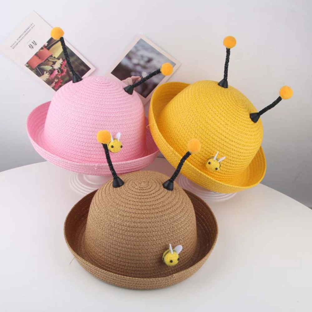 Kids Outdoor Strawhat Little Bee Beach Hat Round Sun Hats for Toddler Girls Boys (Blue)