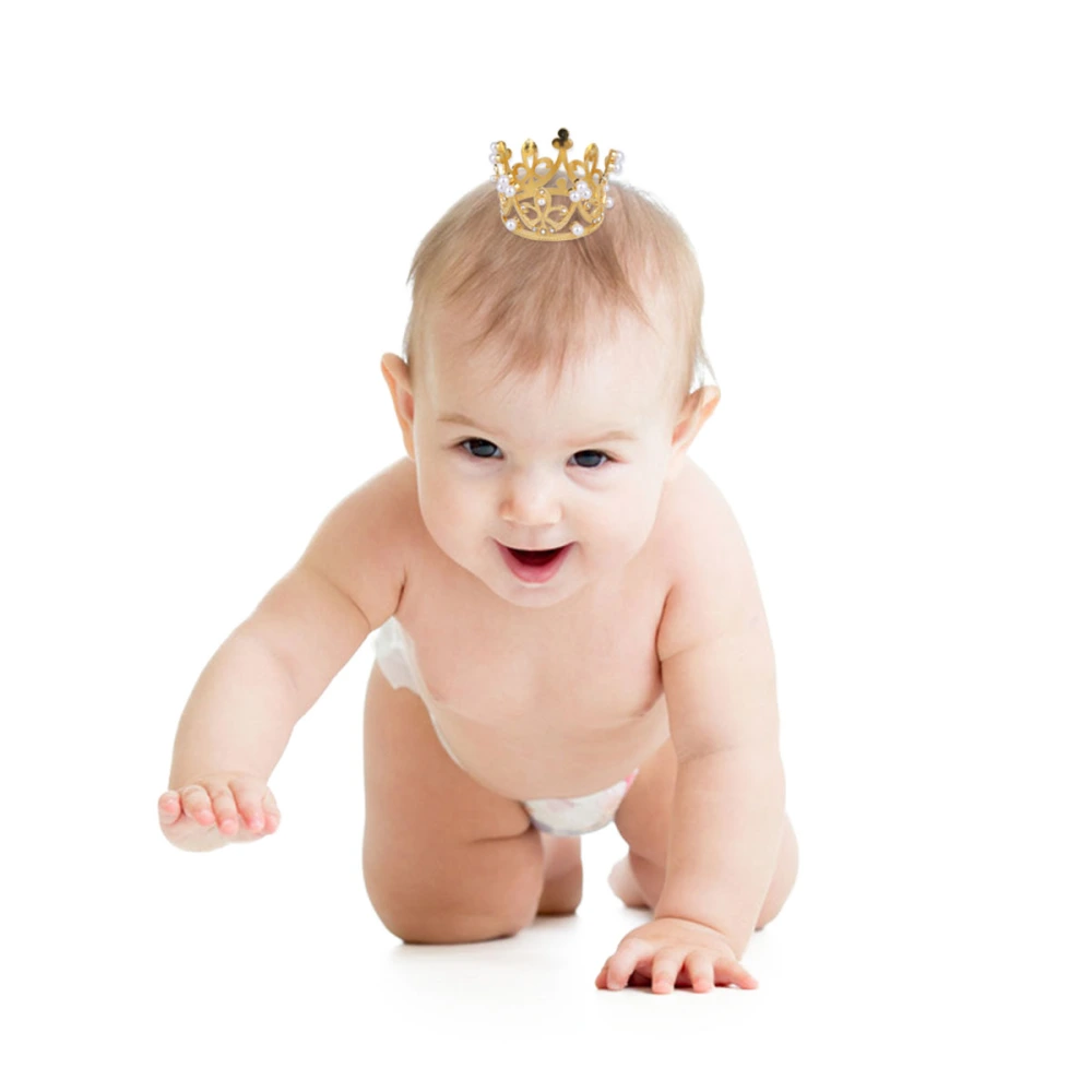 3PCS Children Crown Manmade Pearl Crown Tiara Party Hair Headdress Cake Decoration for Birthday Performance (Golden)