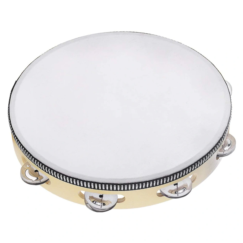 10 Inch Hand Held Sheepskin Tambourine Drum Bell Birch Metal Jingles Percussion Educational Toy for KTV Party Kids Games (Beige)