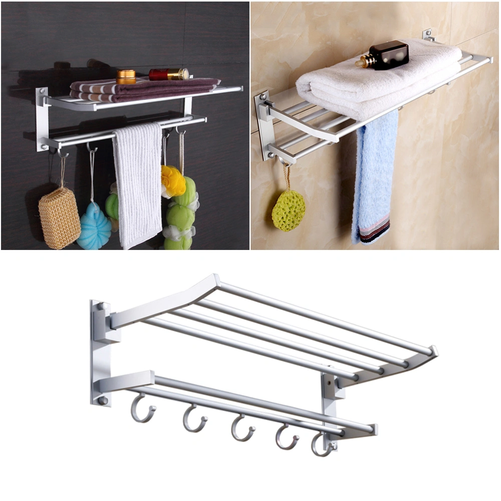 1pc Punch-free Towel Rack Space Aluminum Flexible Folding Double-layer Towel Holder for Bathroom (Silver 50CM)