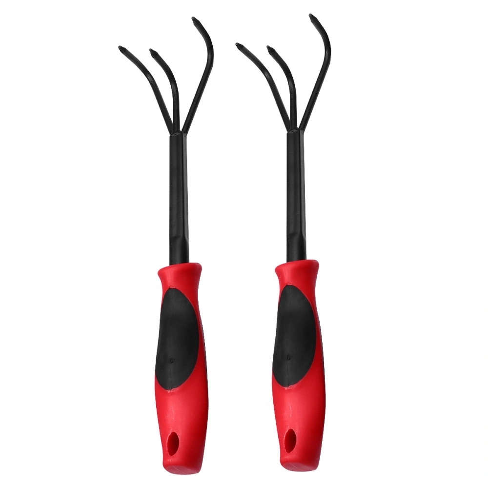 2Pcs Garden Tool Professional Gardening Tool Agricultural Rake Three Teeth Rake Steel Fork Kit Portable Loose Soil Tool Garden Supplies for Garden Lawn Use (Red, Black)