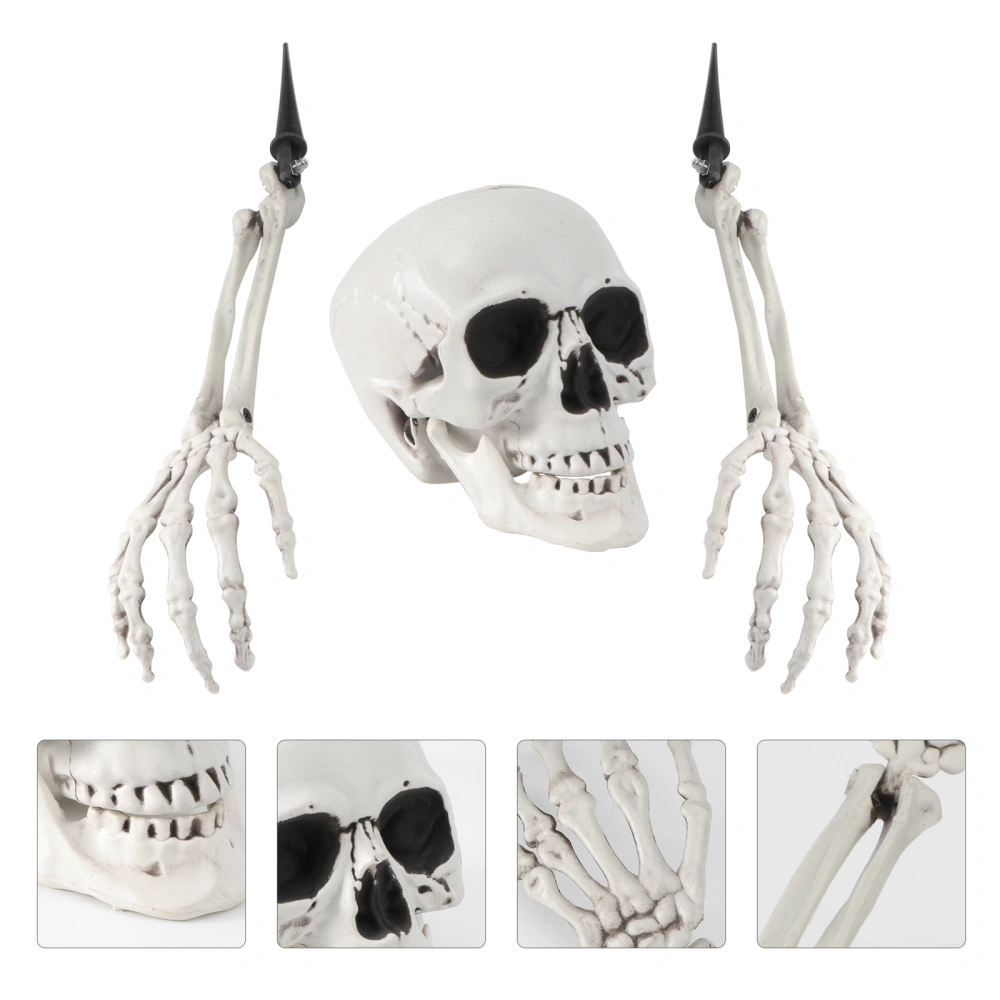 1 Set/3pcs Halloween Scary Skeleton Decorations Haunted House Props Halloween Party Supplies for Decor Use (1pc Skull Head + 2pcs Skull Hand)