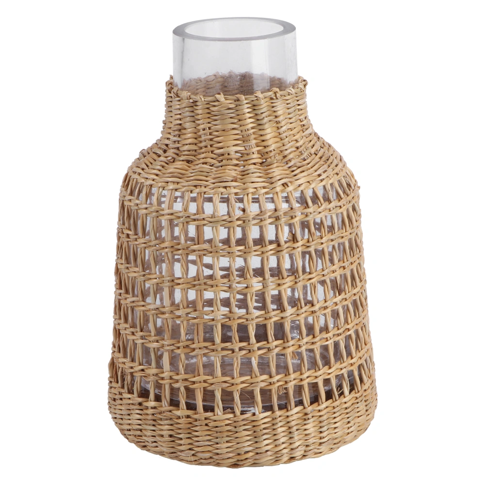 1Pc Glass Flower Vase with Grass Woven Cover Dried Flower Container (Khaki)