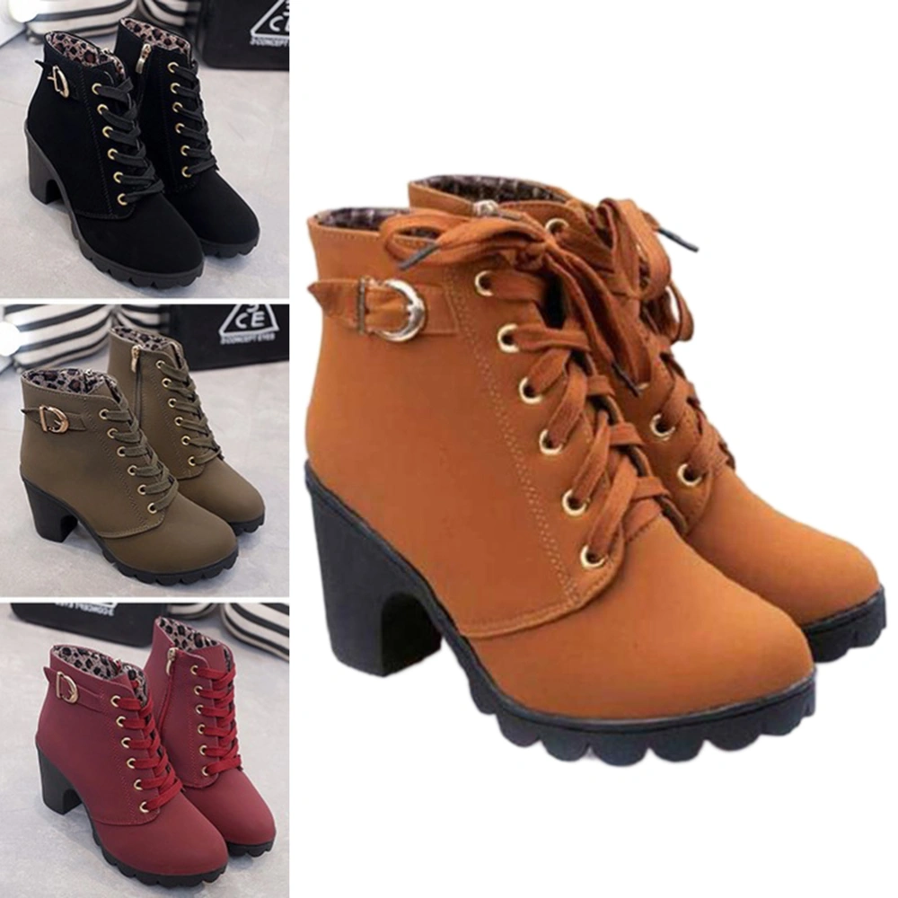 Womens Fashion High Heel Lace up Ankle Boots Lady Buckle Platform Shoes(Brown,41)