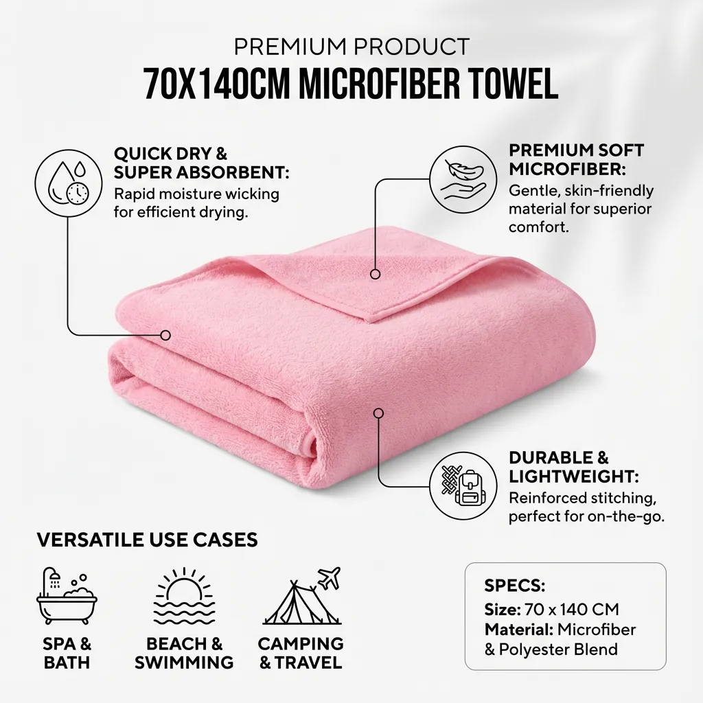 70x140CM Microfiber Towels Large Quick Dry Bath Towel for Spa Beach Swimming Camping (Pink)