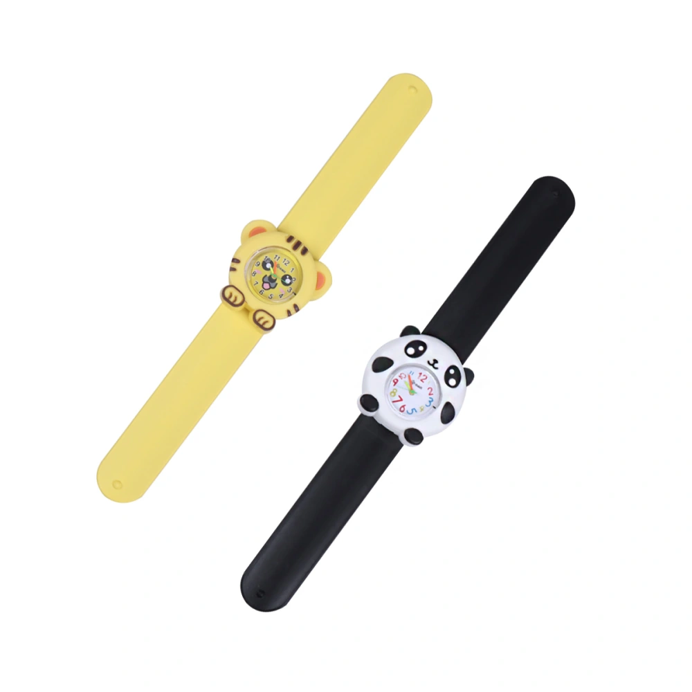 2Pcs Kids Cartoon Watches Creative Slap Watches Kids Quartz Slap Wristwatches Creative Students Gifts (Yellow Tiger Black Panda Pattern 1 Each, Random Ear Color)