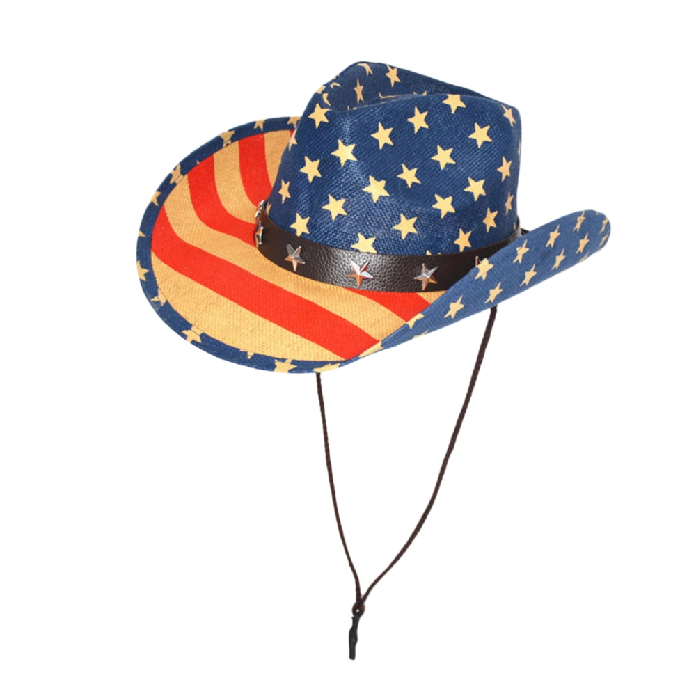 Vintage American Flag Cowboy Hat Classic Personality Summer Sunhat Wide Brim Straw Cowboy Hat (Khaki Edge)