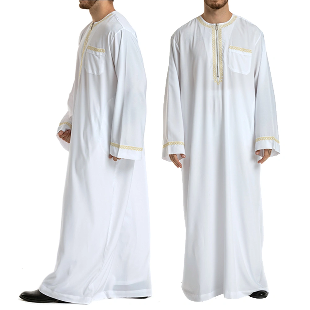 Islamic Thobe Round Collar Embroidery Long Sleeve Middle Eastern Arab Muslim Wear Robe Clothes for Men Size XL (White)