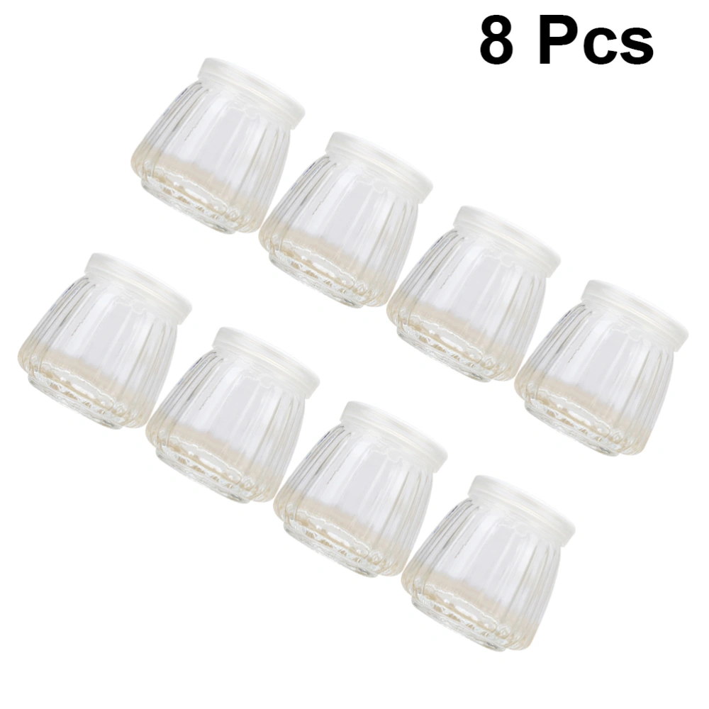 8pcs Vertical Striped Pudding Bottles Heat-resistant Glass Jelly Yogurt Jar Containers Milk Cup with Lid (130mL)