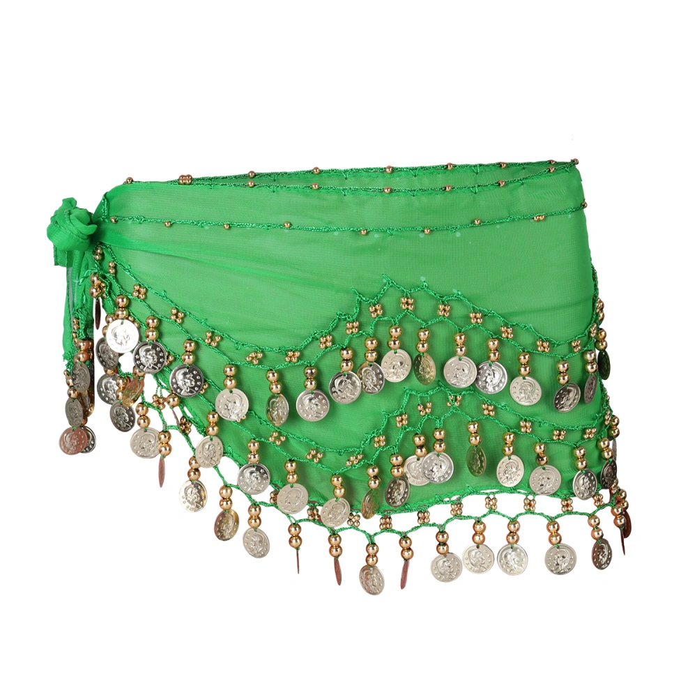 Women Chiffon Dangling Belly Dance Hip Scarf 3 Rows 128 Coins Wrap Belt for Belly Dancing (Sky Blue)