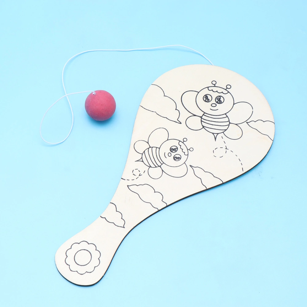 2 Pcs Hand-painted Wooden Racket Kindergarten Kids Ball Game Props Children Manual DIY Painting Graffiti Fill Paint Toy (Bee)