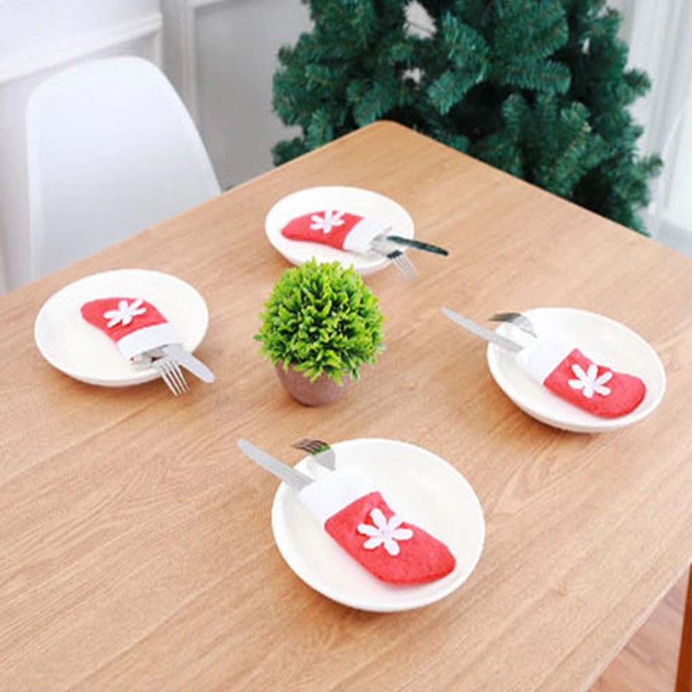 10Pcs Christmas Socks-shaped Tableware Bags Knives Forks Cutlery Bags Silverware Holder Bags