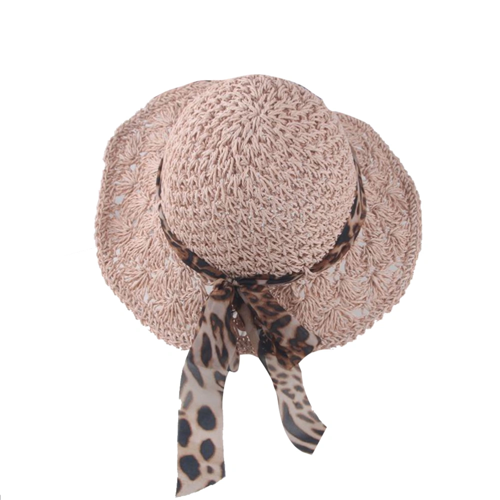 Kids Casual Outdoor Strawhat with Leopard Ribbon Beach Hat Round Sun Hats for Girls (Pink)