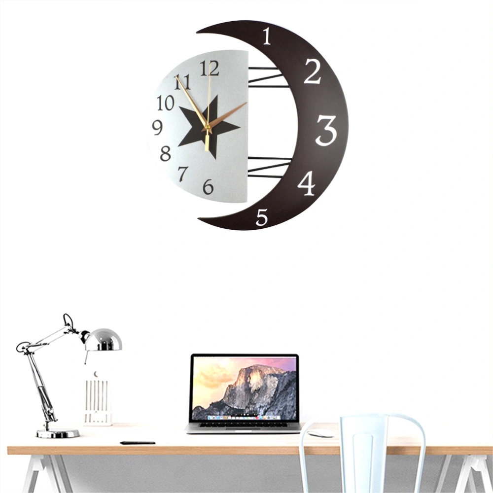 1pc Artistic Wall Clock Fashionable Creative Moon Shape Frame Decorative  Hanging Clock Silent Quartz Clock (Black)