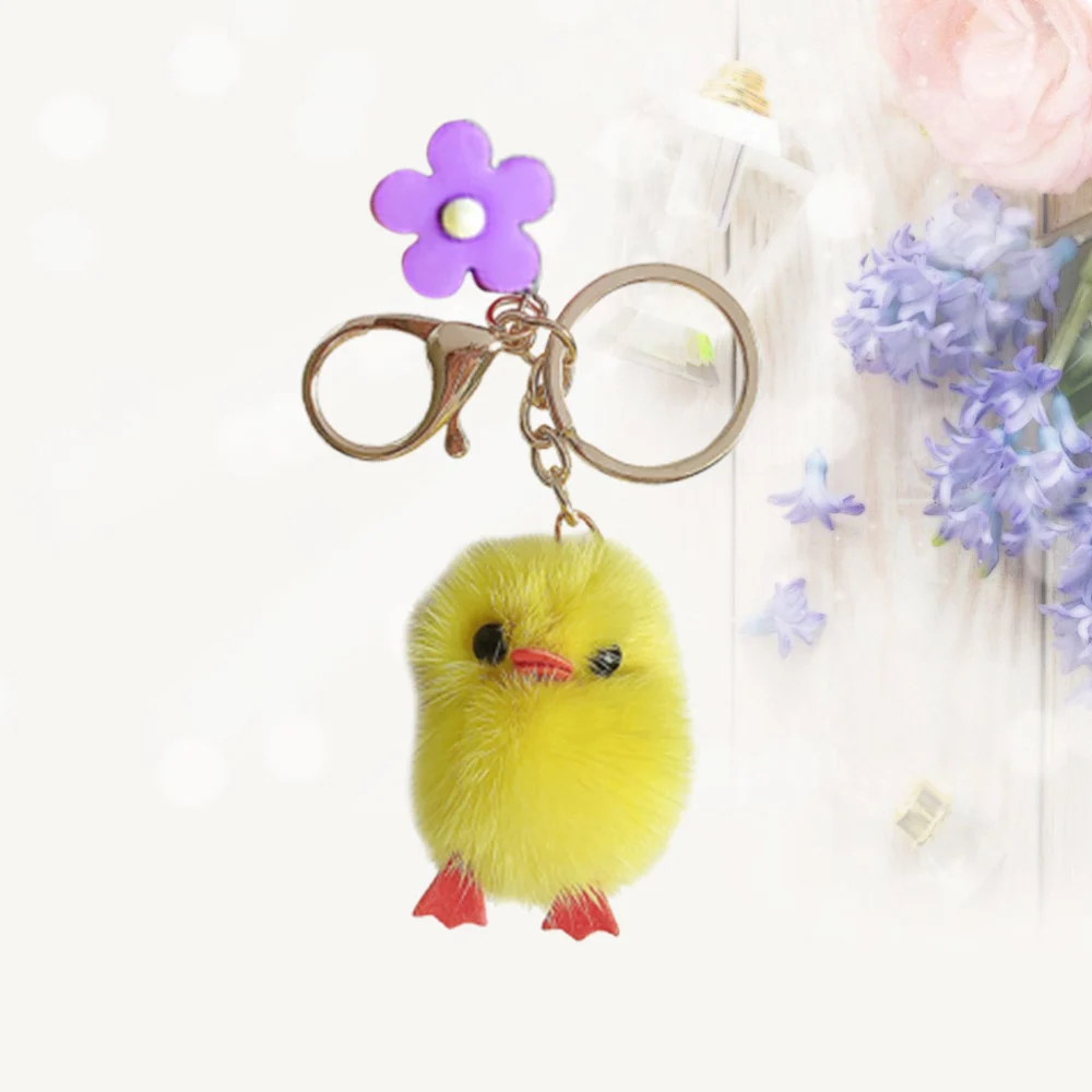 Plush Chick Keyring Pendents Doll Key Holder Hanging Ornament For Bag Car Key (Little Yellow Chicken + Purple Flower)