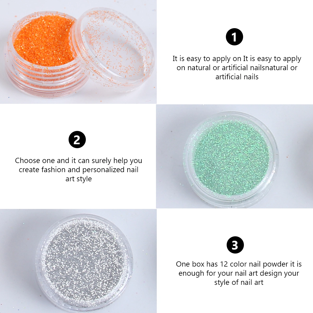 1 Bag/2pcs 12 Color Manicure Powder Color Gradient Nail Glitter Flash Nail Art Decoration for Woman Girl Lady