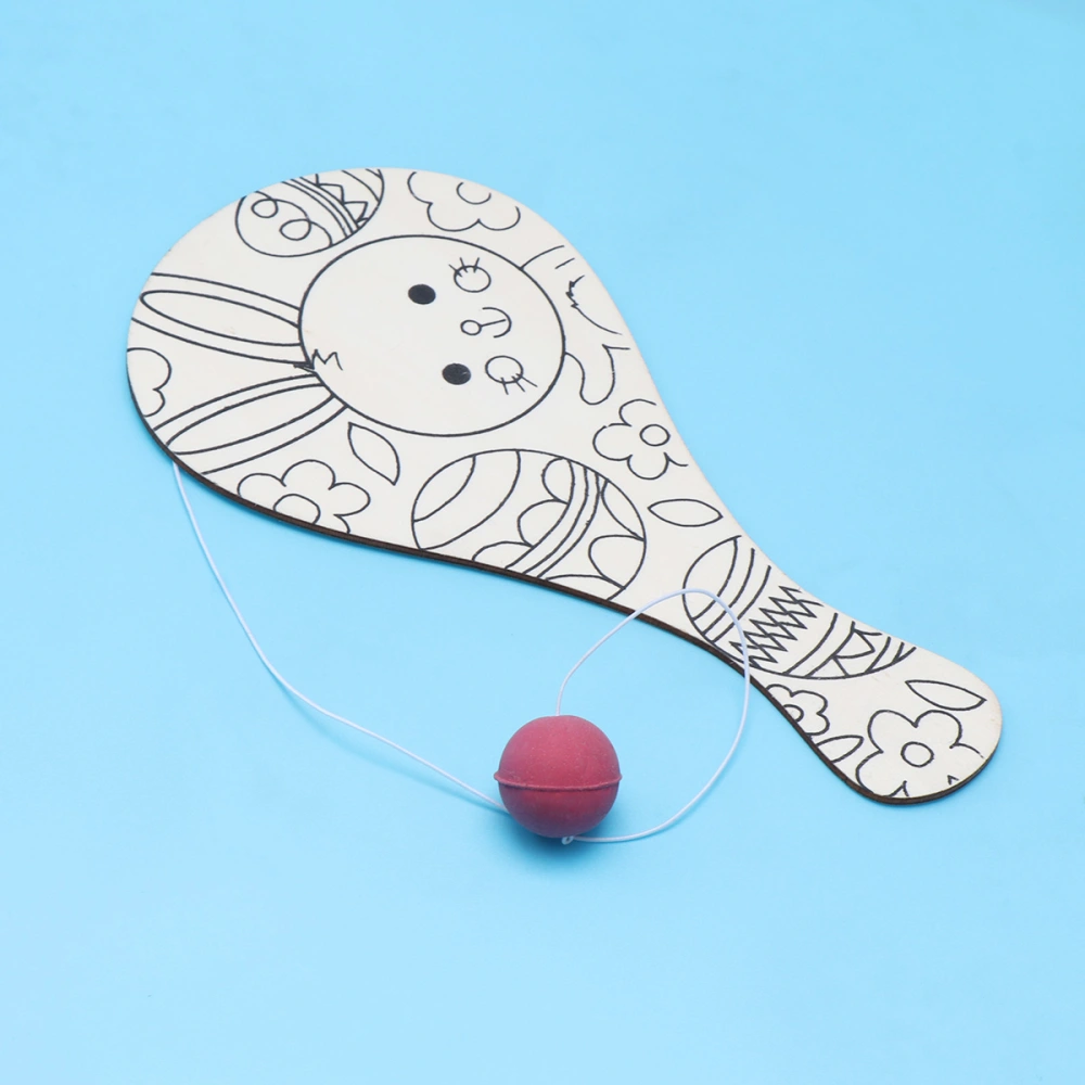 2 Pcs Hand-painted Wooden Racket Kindergarten Kids Ball Game Props Children Manual DIY Painting Graffiti Fill Paint Toy (Rabbit)